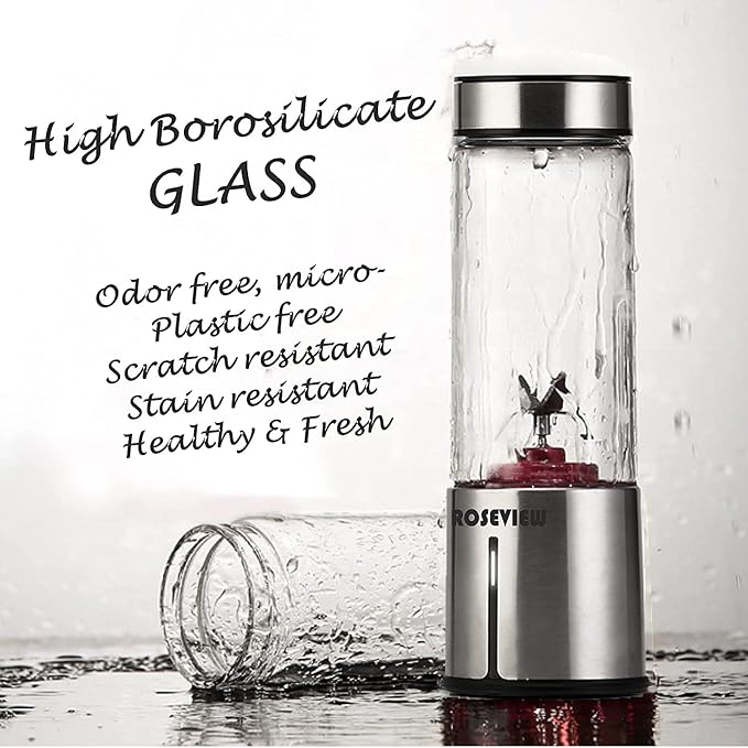 Portable Smoothie blender ROSEVIEW Glass bottle USB rechargeable mini Handheld Ice Shakes Cup 2 speed blend juicer Cordless Personal smoothies maker Fruit mixer (Metallic)