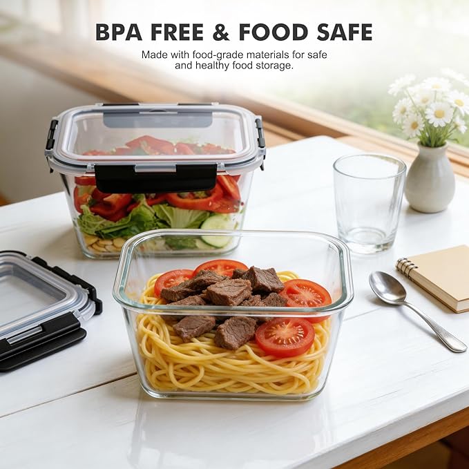 Liuruiyu 2 Pack Large Glass Food Storage Containers with Lids, 63oz Big Meal Prep Containers, Airtight Bento Boxes with Leak Proof Locking for Microwave, Oven, Freezer and Dishwasher, BPA Free