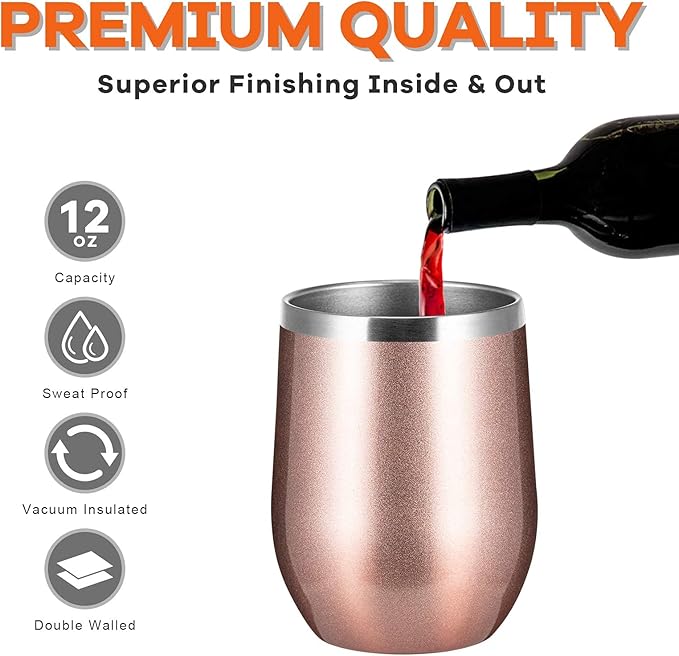 COMOOO Rose Gold Stainless Steel Wine Tumbler Bulk with Lid and Straw 12oz Double Wall Vacuum Insulated Travel Tumbler Cup for Coffee Wine Cocktails Ice Cream Cup Rose Gold, 16 pack