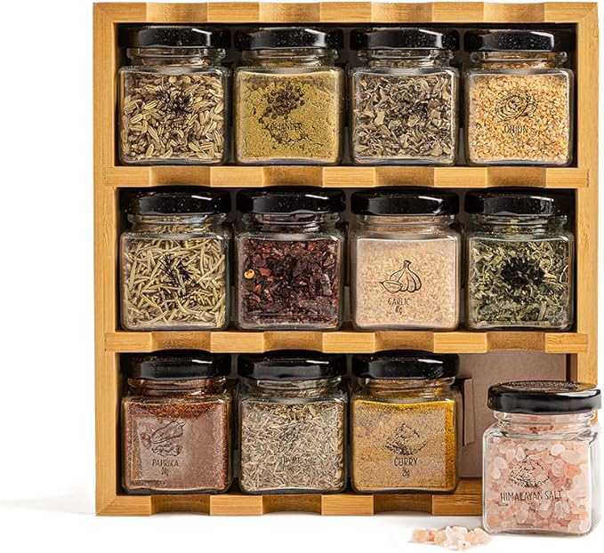 TILZ GEAR Wooden 3-Tier Spice Rack, 12 Filled Glass Jars, 12 Organic Spices Included, Brown
