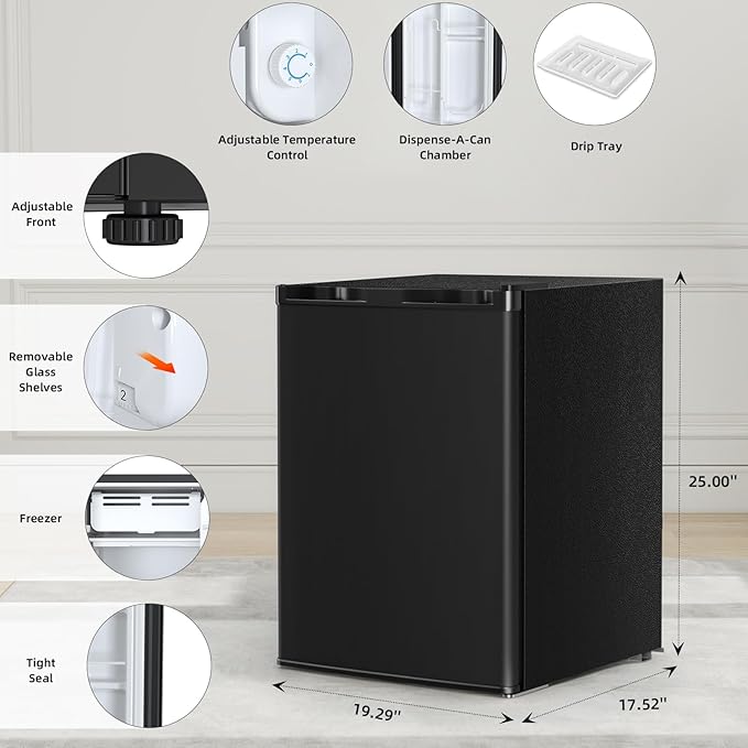Antarctic Star 2.6 Cu.Ft.Compact Refrigerator with Freezer, Mini Fridge Single Door with Adjustable Thermostat,Removable Glass Shelves for Apartment,Dorm,Office,Kitchen，BLACK
