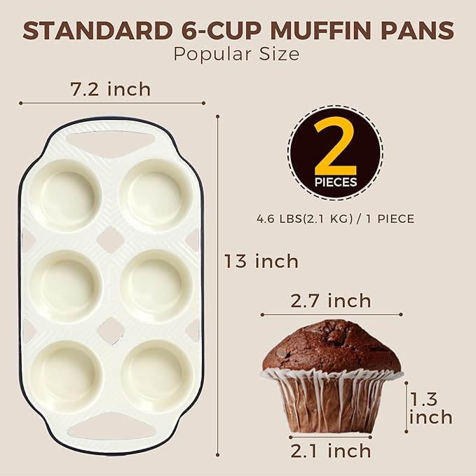 HONGBAKE Everline Collection Enameled Cast Iron Muffin Pan, Non Tocix Naturally Muffin Tin 6, Non Stick Cup Cake Pans for Baking, Oven & Stovetop Safe, Standard Size, 2 Pack, Red