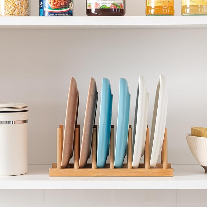 HBlife 4pcs Bamboo Dish Plate Bowl Cup Book Pot Lid Cutting Board Drying Rack Stand Drainer Storage Holder Organizer Kitchen Cabinet（Keep Dry）
