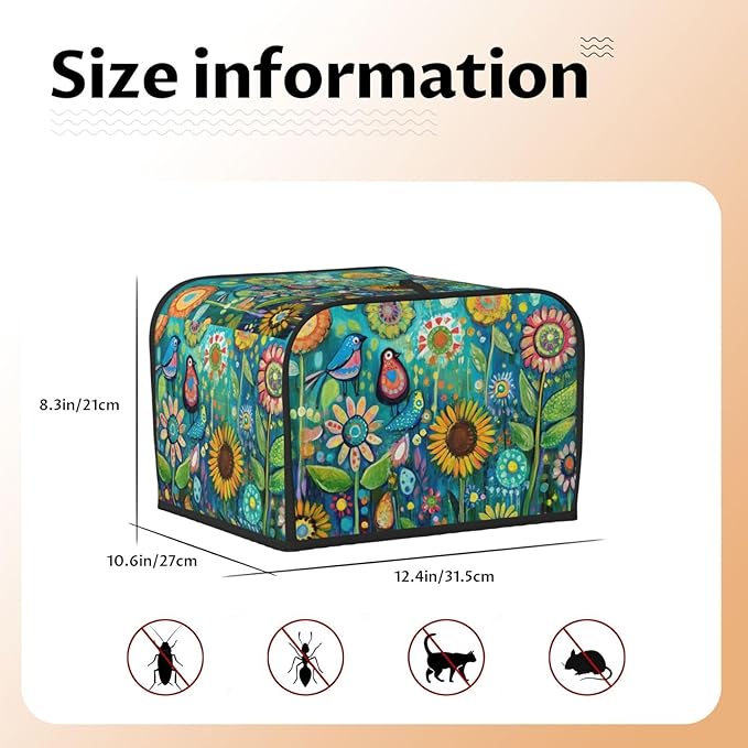 Folk Art Birds Flower Covers for Toasters 4 Slice,Cute Funny Bread Machine Cover with Handle,Washable Stain Resistant Kitchen Small Appliance Cover Dining Decor