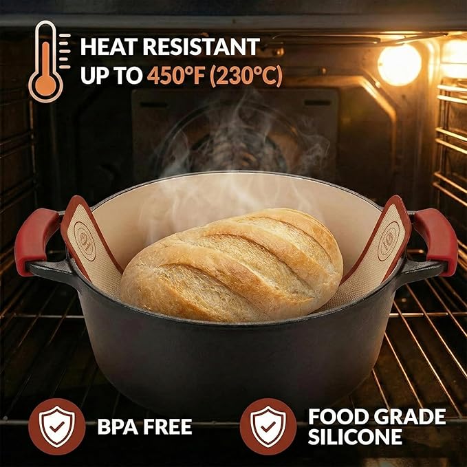 Silicone Bread Sling for Dutch Oven, 2-Pack Non-Stick Reusable Baking Mats with Long Handles, Easy Clean Sourdough Baking Supplies