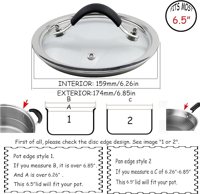 HEVSTIL 6.5 Inch Tempered Glass Lid with Silicone Stainless Steel Handle, Vented Skillet Cover for Frying Pan, Lodge Cast Iron Skillet