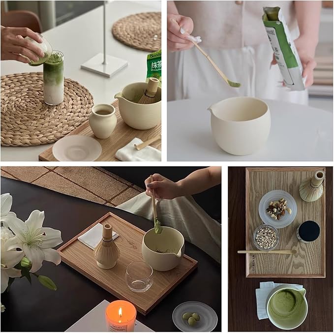 Matcha Whisk Set, Ceramic Matcha Bowl & Whisk Holder, Bamboo Accessory, Modern Design (Matte Crème, Pouring Spout)