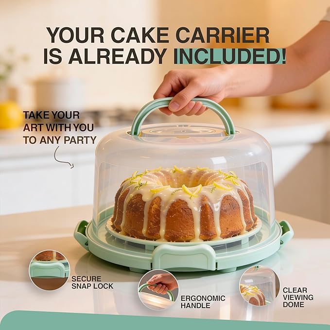 10 inch Buntz Cake Pan Non stick with 12in Cake Carrier for Easy Transportation - Premium Fluted Cake Pans For Oven, Cake Mold, Moldes para Gelatinas