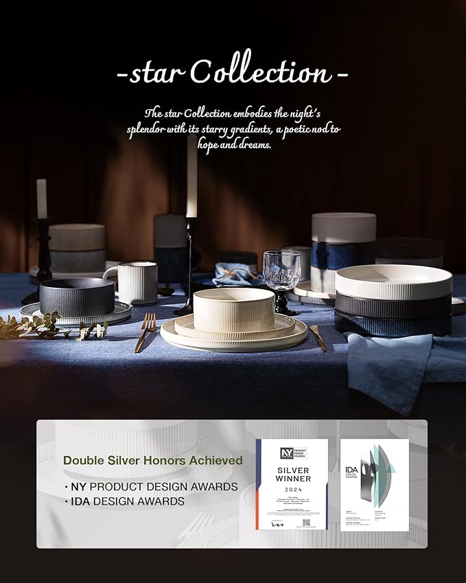 Famiware Star 24-Piece Stoneware Dinnerware Sets with Trim, Service for 8 - Ceramic Plates and Bowls Set, Ribbed Dishes with High Edge, Chip & Scratch Resistant, Microwave & Dishwasher Safe, Cream