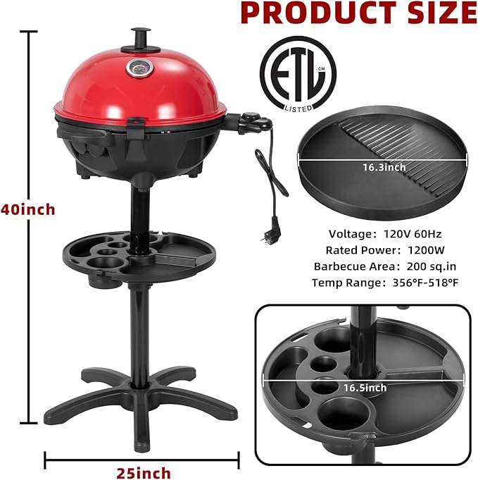 QPMR Electric Grill Outdoor/Indoor,Portable BBQ Grill with Nonstick Surface,200 Square Inches Indoor Electric Barburcue Grill with Adjustable Heat,Stand/Tabletop,for Patio/Yard/Home(Red)