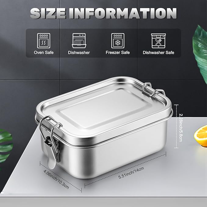 Umigy 1 Pcs Stainless Steel Bento Box 550ml Metal Lunch Box Food Storage Containers Metal Container, Lockable Clips to Leak Proof, Reusable Dishwasher Safe Lunch Snack Boxes for Work, School
