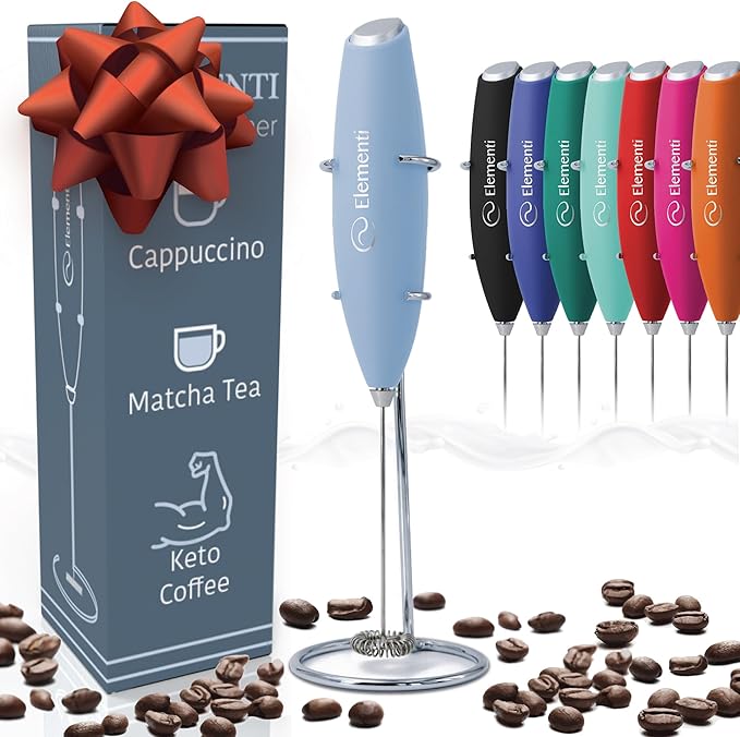 Elementi Electric Milk Frother Handheld - Create Creamy Coffee, Delicious Matcha and Perfect Drinks - Compact Whisk & Mixer with Stand (Pastel Blue)