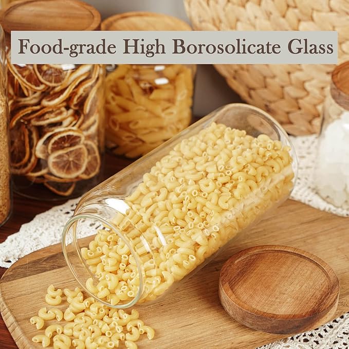 Labina Glass Storage Container Airtight Food Jars Kitchen Canister with Wood Lids, 40 Oz Wide Mouth Pantry Organization Glass Jar for Flour, Sugar, Cookie, Spagetti, Nuts and Candy