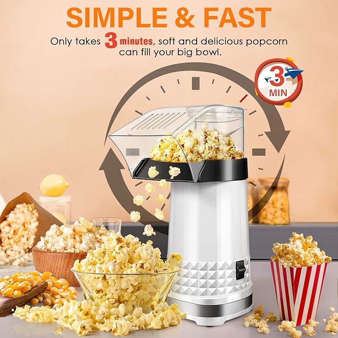 Hot Air Popcorn Machine 1200W, 4.5-Quart Popcorn Maker, No-Oil Air Popper, 2-Min Family Movie-Night Popcorn Popper, Easy Clean, Fat-Free Snack