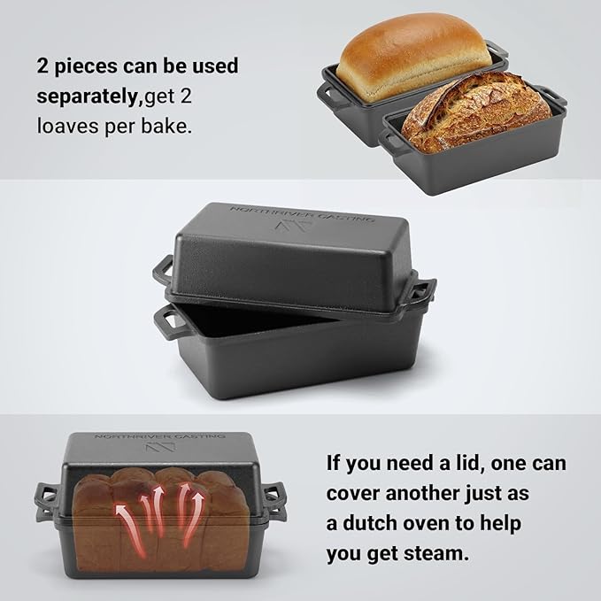 Northriver Casting 9×5 Inch Cast Iron Loaf Pan with Lid | Bread Baking Pan | Even Heat Distribution for Homemade Bread, Cake, and Meatloaf | 2 Piece Set
