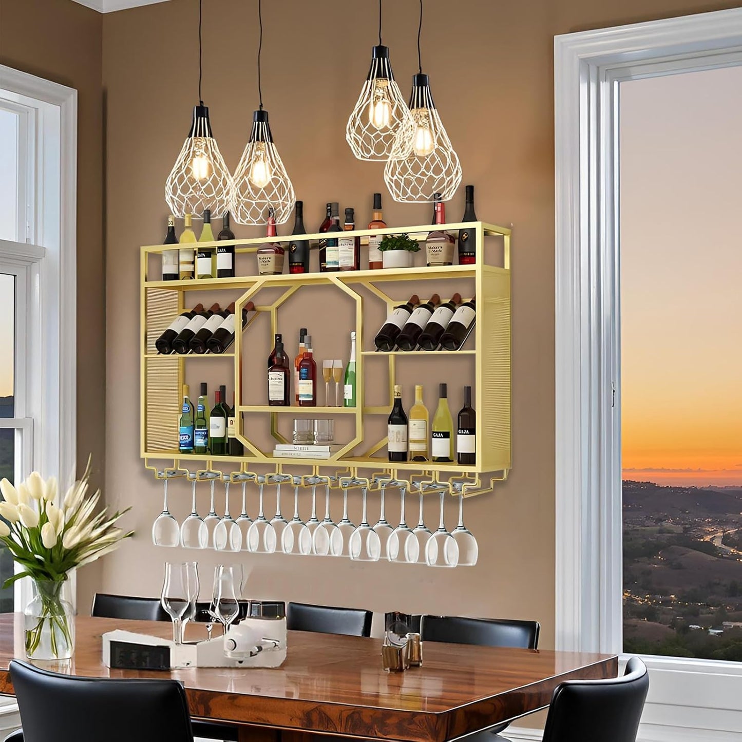 Wall Mounted Wine Rack, 3-Tiers Metal Bar Bottle Holder, Modern Wine Glass Storage Display Shelves, Wall Wine Rack for Kitchen Bar Dining Rooms Decoration ﻿ (Gold, 63in/160cm)