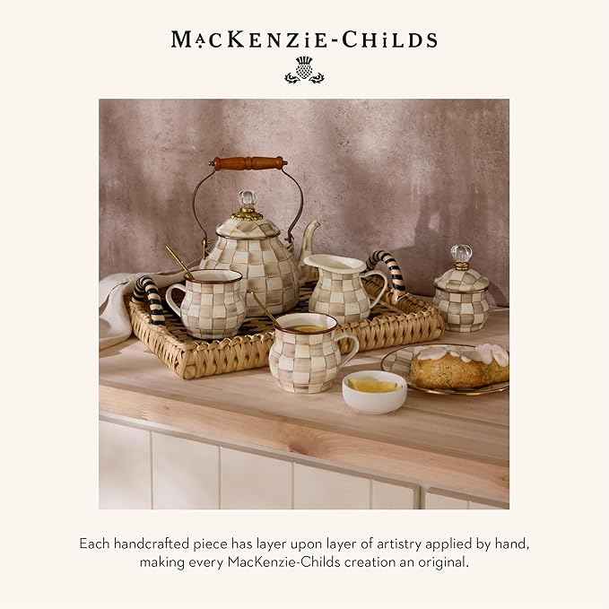 MACKENZIE-CHILDS Enamel Compote, Cute Enamel Pedestal Serving Dish or Decorative Bowl, Small, Brown-and-White Mocha Check