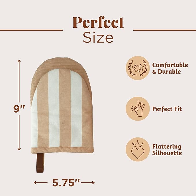 Folkulture Oven Mitts - Set of 2 (5.75x9) | Oven Mitts with Hanging Loop for Cooking Gifts for Women, Kitchen Decor| 100% Cotton, Silicone Heat Resistant Mini Mitts for Mom (Latte)