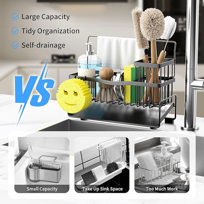 Sponge Holder for Kitchen Sink 304 Stainless Steel Self-Draining Sink Caddy with Smiley Face Sponge and Brush Holder Towel Bar and Divider Kitchen Gadgets Organizer for Countertop, Black