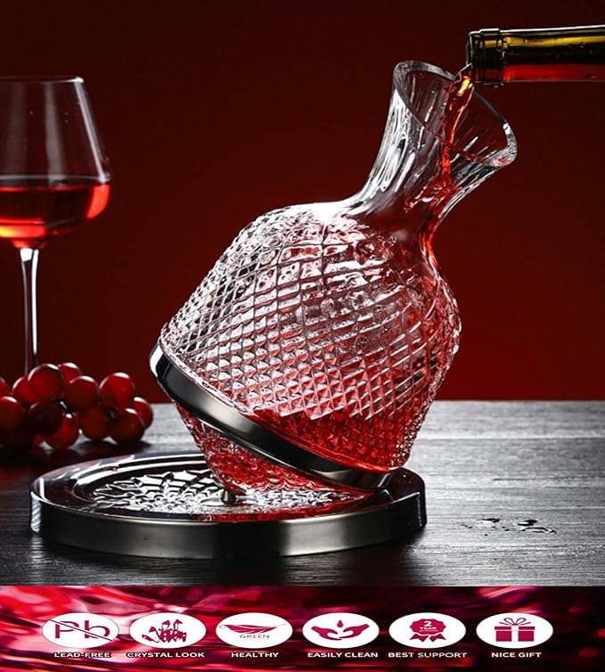 Wine Decanter Set - Spinning Crystal Red Wine Carafes Decanter, Jarler 1.5L Rotating Hand Blown Crystal Glass Wine decanter Aerator Quick Wake Up，Father Day Wine Gift for Wine Lover