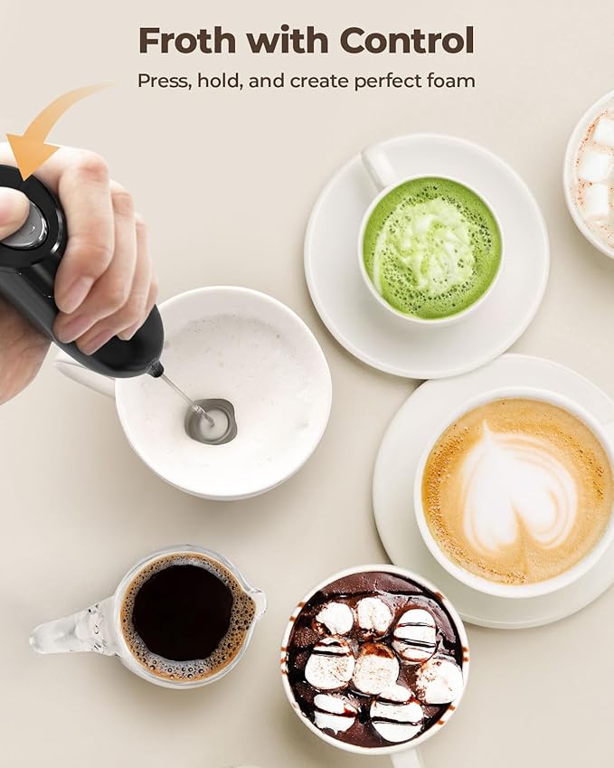 SIMPLETASTE Milk Frother Handheld Electric Foam Maker, Drink Mixer with Stainless Steel Whisk for Cappuccino, Bulletproof Coffee, Latte, Midnight Black, without Stand, Battery Operated