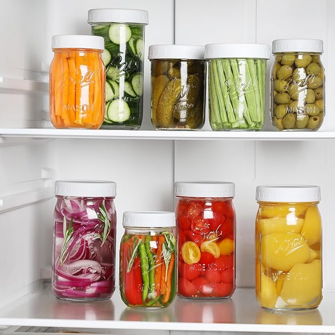 AOZITA 16-Pack Plastic Mason Jar Lids - 8 Regular Mouth and 8 Wide Mouth Jar Lids - Plastic Storage Caps for Ball, Kerr Canning Mason Jars - 100% Sealing & Dishwasher Safe & Food Grade
