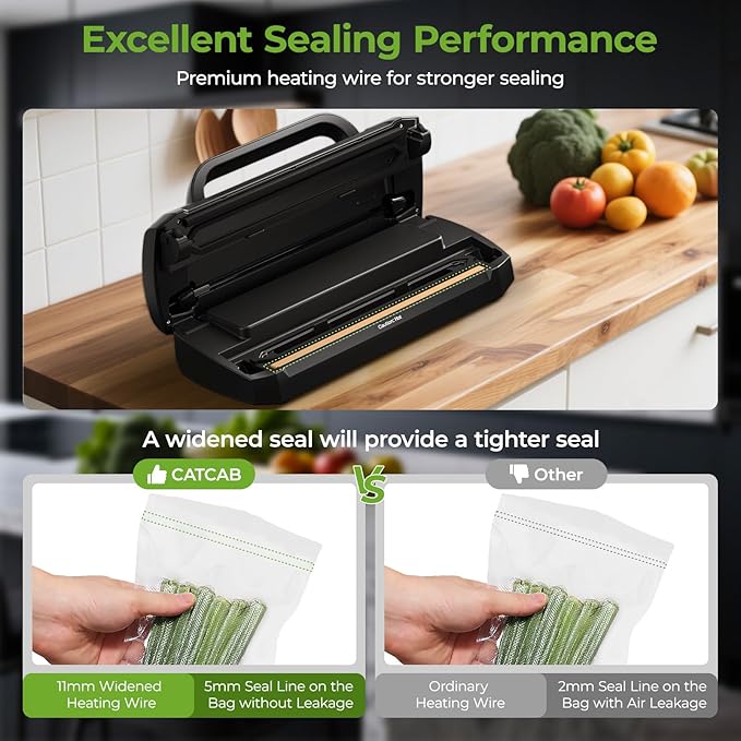 Vacuum Sealer for Food, 90kpa Powerful Food Sealer Vacuum Sealer Machine for Food Saver, 7-in-1 Multiple Modes for Dry/Moist, Easy-Lock Handle, Compact Design with 10 Vacuum Bags, Bag Cutter Included