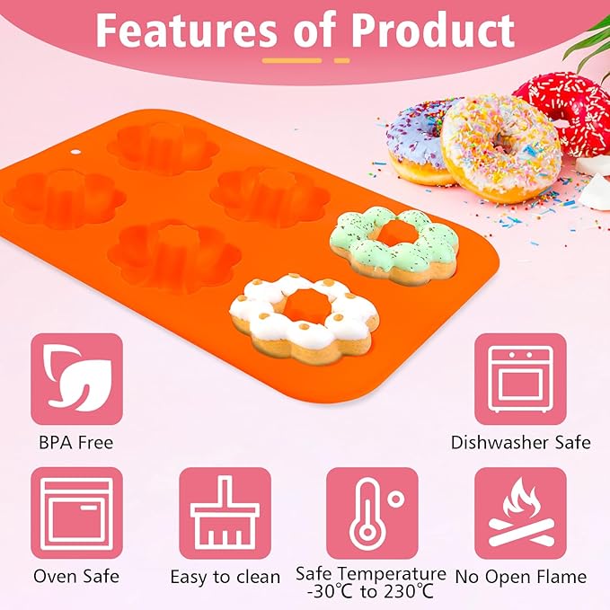 3 Pack Silicone Donut Pan, Non-stick Doughnut Molds for Baking, 6 Cavity Donut Maker Muffin Cupcake Bagel Making Tray (Pink, Orange, Green)