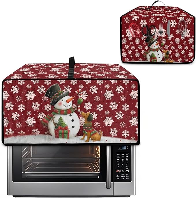 Toaster Oven Dust Cover with Storage Pockets, Protective Decorative Smart Oven Cover for for Kitchen Countertop, S, Snowman Dachshund Dog Snowflake Red Christmas Decor