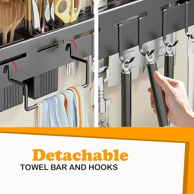 Wall Mount Kitchen Utensils Hanging Rack, 20" Multi-Use Kitchen Organizer with Utensil Holder, Hanging Organizer - Black