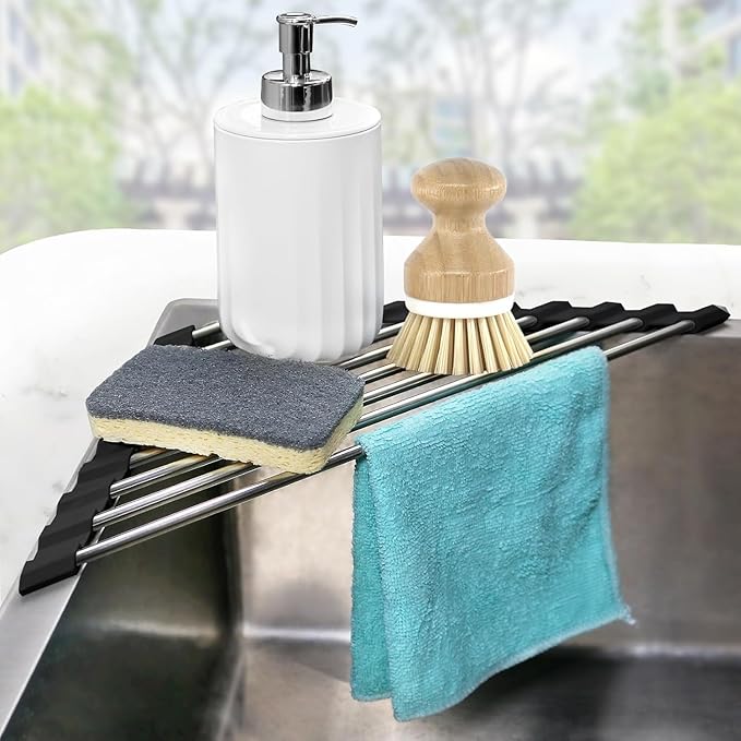 Corner Dish Drying Rack, Kitchen Sink Caddy Sponge Holder, Triangle Over The Sink Dish Drying Rack for Kitchen Counter, Roll Up Dishes Drainer Mat RV Essentials Organization and Storage Shelf, Black