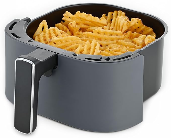 TRU 4-Quart Digital Air Fryer by Select Brands - Family Size, One-Touch Control, 8 Presets - Air Fry Chicken, Meat, Veggies, Fries - Nonstick Pot and Crisping Tray, Auto Shut Off, Matte Gray