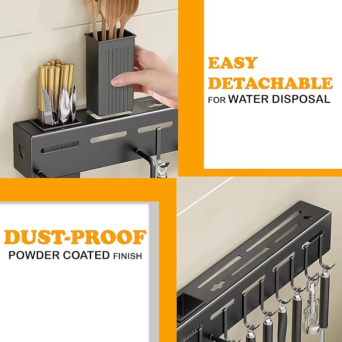 Wall Mount Kitchen Utensils Hanging Rack, 20" Multi-Use Kitchen Organizer with Utensil Holder, Hanging Organizer - Black