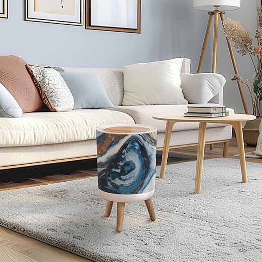 Trash Can with Lid Abstract Agate Blue Gold Seashore Fluid Horizontal Press Top Round Small Garbage Bin with Wooden Legs Waste Basket for Kitchen Bedroom Nursery 7L/1.8 Gallon