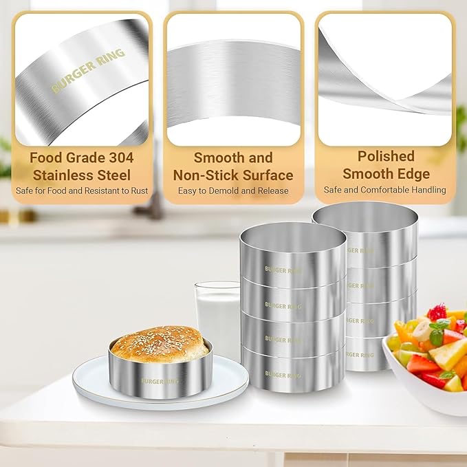 9 Pack Hamburger Bun Rings, Burger Mold, 4.2 inch Large Ring Molds for Cooking, Nonstick, Made of Food Grade 304 Stainless Steel, Cooking Rings for Fried Eggs, Crumpets, Pancakes, Muffins and More