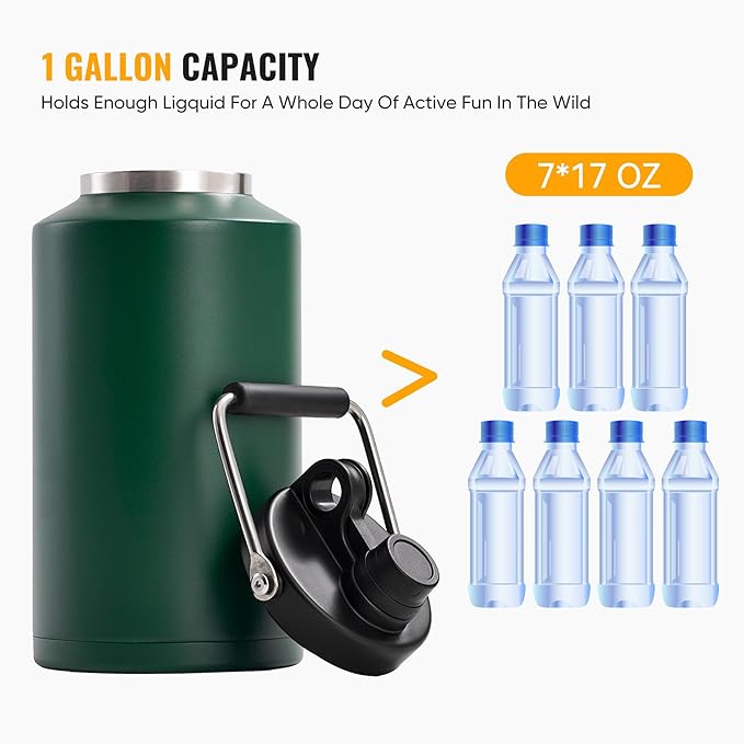 Kerilyn Insulated Gallon Jug with Handle, One Gallon, 128 Ounces Stainless Steel, Large Double Vacuum Water Bottle for Hot & Cold Drinks, Wide Mouth, Sweat Proof, Great for Travel, Camping, Green