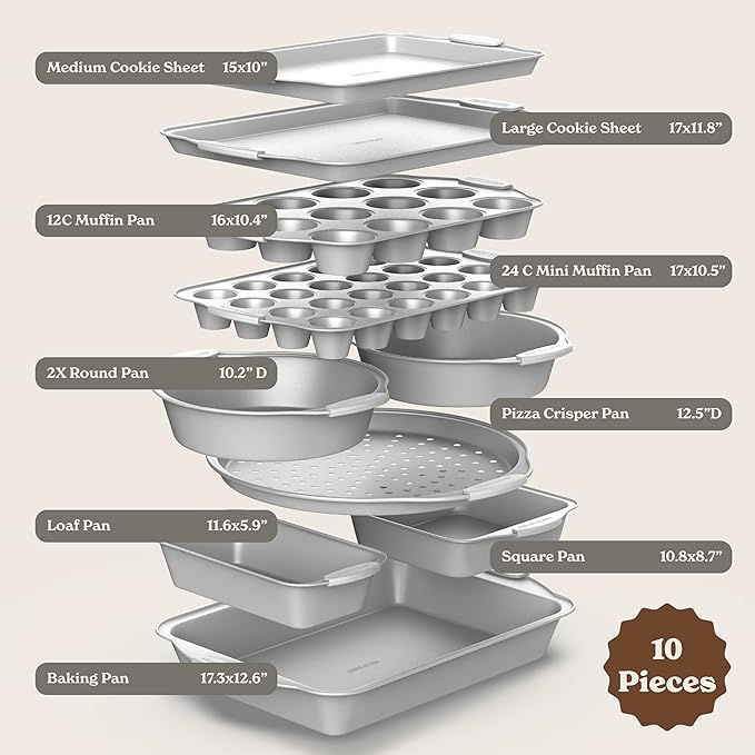 Country Kitchen Nonstick Stackable Bakeware Set - Heavy Duty, Durable, Easy Release Baking Set, Silver, 10 Pcs