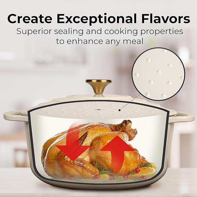 Zulay Kitchen 6 Quart Enameled Cast Iron Dutch Oven Pot with Lid – Premium Durability & Oven Safe up to 500°F – Heavy Duty Cookware Perfect for Bread Baking, Stews, Braising & Roasting - Ivory