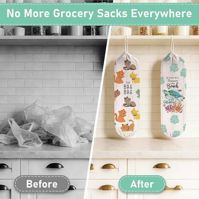 2Pcs Cat Plastic Bag Holder for Kitchen Essentials, Reusable Hanging Grocery Bag Organizer, Washable Large Grocery Trash Bags Storage Dispenser