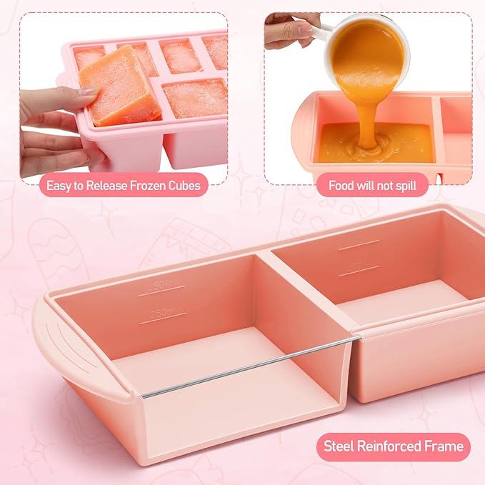 4 Pack Silicone Freezer Trays with Lid, 1/5, 1/2, 1, and 2 Cup Soup Freezer Molds Set Stainless Steel Frame Ice Cube Tray for Meal Prep Freezing Soup Stews Sauces Oven Microwave Safe(Pink)
