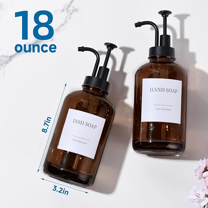 Glass Soap Dispenser with Pump, Dish and Hand Soap Dispenser for Kitchen Bathroom Set, Clear Glass Dispenser Set of 2 Pack with 18 Stickers Funnel Bamboo Tray 500ml 18oz Amber
