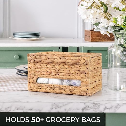 Trash Bag Holder with Scalloped Lid 13–30 Gallon Bags Roll Holder Wall Mount Water Hyacinth Garbage Bag Dispenser for Kitchen, Cabinet (Natural Water Hyacinth)