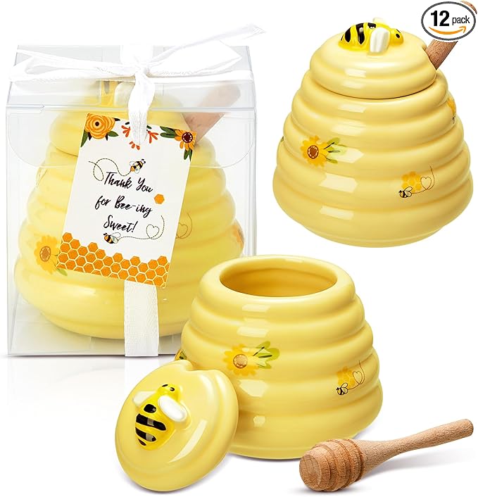 Yinder 12 Pcs Baby Shower Prize for Winners Honey Party Favors 3 oz Ceramic Honey Jars with Dippers Mini Bee Themed Pots with Goodie Boxes for Baby Shower Wedding Favors Bee Themed Party Gifts