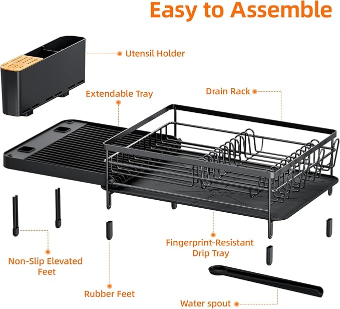 Urackify Large Dish Drying Rack, Expandable Dish Racks for Kitchen Counter, Multifunctional Dish Drainer with Utensil Holder & Cup Holder, 18.5"-26.7" L x 12.7" W, Black
