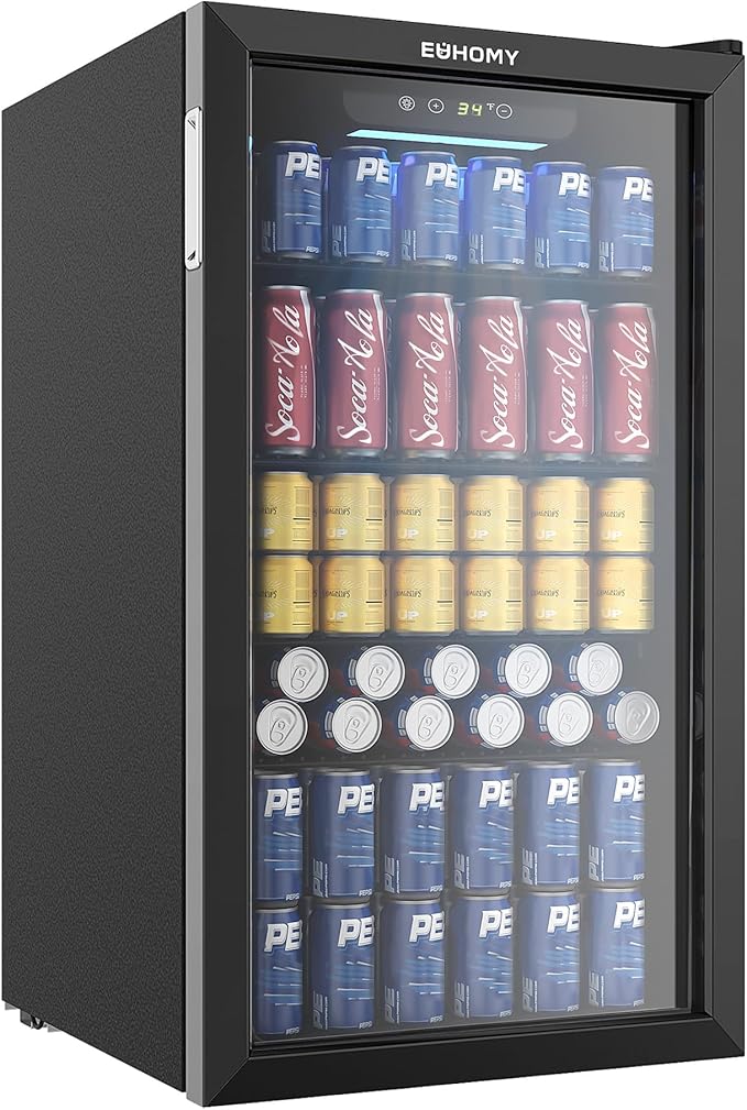 EUHOMY Beverage Refrigerator Cooler, 125 Can Mini Fridge with Glass Door for Soda Beer or Wine, Beverage Cooler for Home, Office, Bar with Adjustable Removable Shelves, Black