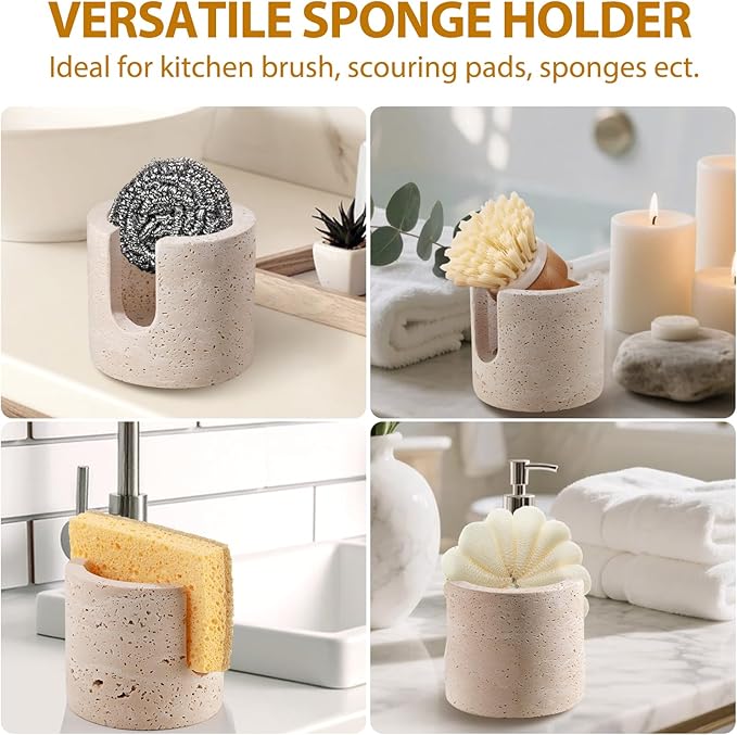 Marble Sponge Holder for Kitchen Sink - Heavy-Duty Real Travertine Stone Sink Caddy Organizer for Countertop, Rust Proof&Water Soap Dish Tray, Luxury Modern Farmhouse Kitchen Decor Accessories
