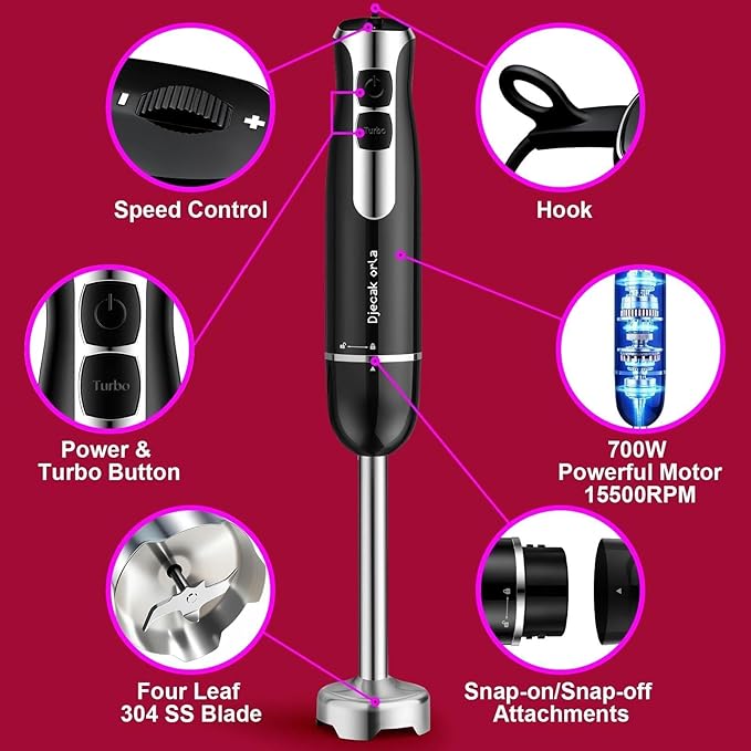 Upgraded 700W Immersion Hand Blender – 20 Variable Speeds, Up to 15,500 RPM Stick Mixer for Smoothies, Soup, Puree & Baby Food Black