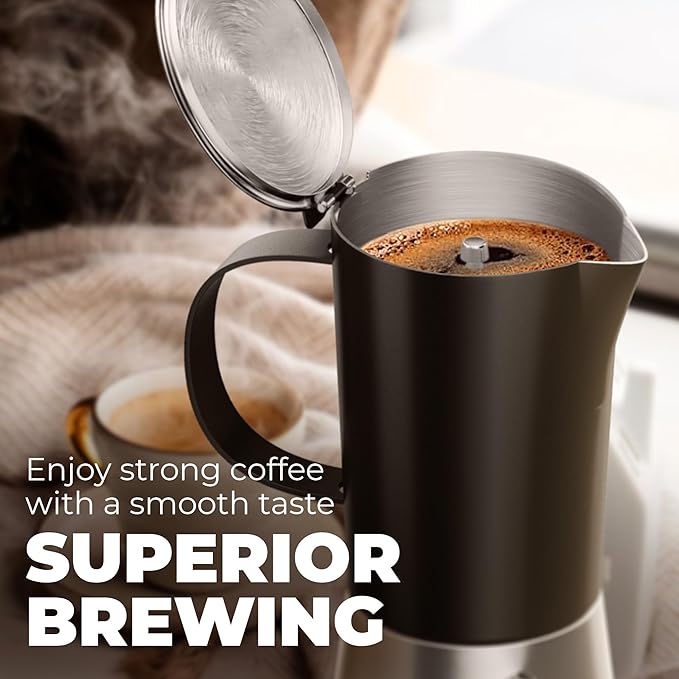 Stovetop Espresso Maker, Stainless Steel Moka Pot 6 Cup Espresso Maker (12 fl oz), Italian Coffee Pot, Compatible with Gas, Electric and Induction, Black & Silver Finish