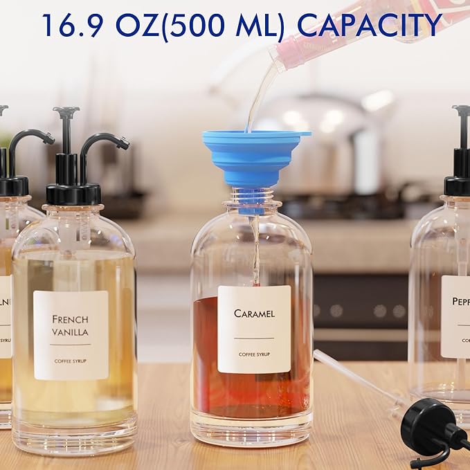 16.9 oz/500 ml Coffee Syrup Dispenser Set - 6 Glass Bottles with Black Pumper and Syrup Labels - Precise Dispensing and Stylish Addition to Coffee Shop, Cafe or Home Bar