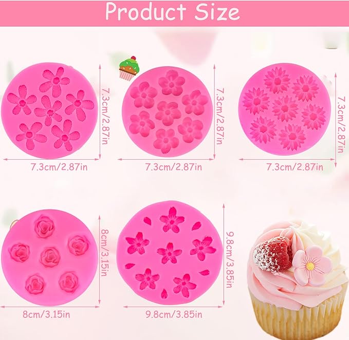 5Pcs Flower Molds Silicone Rose Chocolate Mold Daisy Flower Fondant Mould Polymer Clay Resin Mold Soap Ice Cube Gummy Sugar Wax Melt Molds for Baking and Cake Cupcake Decorating DIY Craft